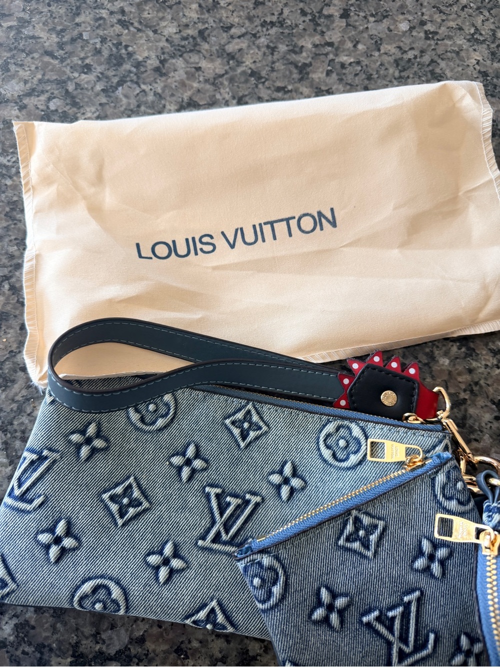 Fashion Brand Blue Denim Monogram Triple Pouch Wristlet with Red Accent - Picture 2 of 5